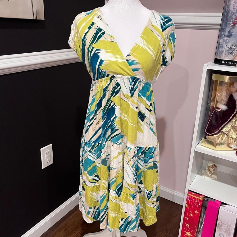 🍟Y2K Yellow & Green Abstract‎ Print Baby Doll  V-Neck Maxi Dress Small